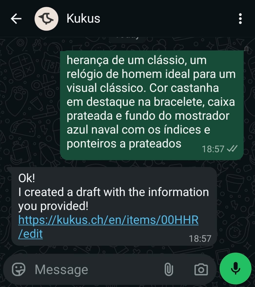 Enviar um item do WhatsApp para o Kukus 3