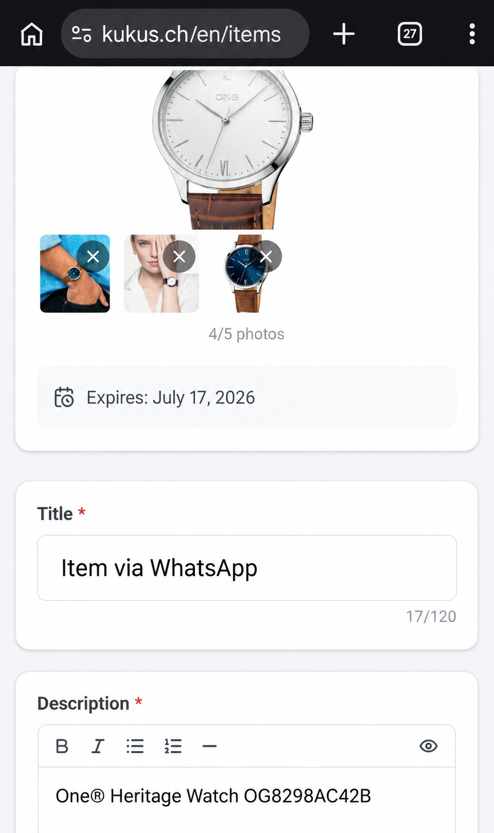 Inviare un articolo da WhatsApp a Kukus 4